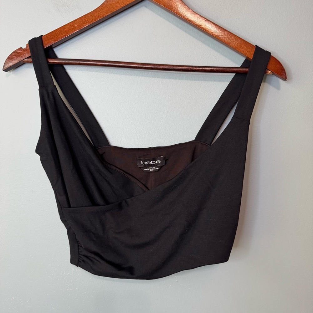 Bebe Black Crop Sleeveless Top. Faux Wrap Style V Neck. Size Medium
